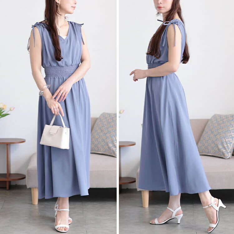 大きいサイズ レディース ドロストショルダーシャーリングワンピース　fem-570 【メール便可】