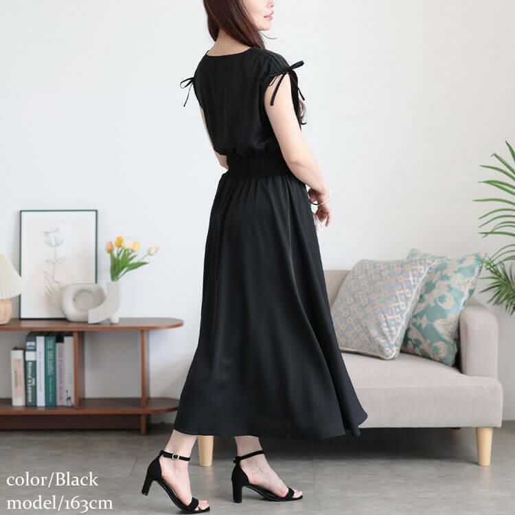 大きいサイズ レディース ドロストショルダーシャーリングワンピース　fem-570 【メール便可】 ブラック