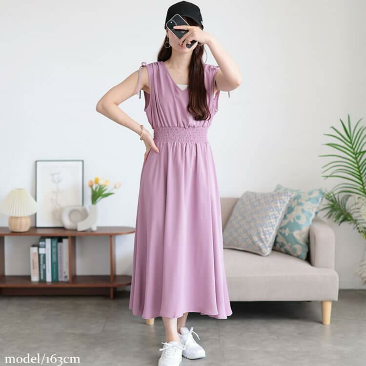 大きいサイズ レディース ドロストショルダーシャーリングワンピース　fem-570 【メール便可】 ラベンダー