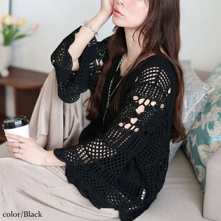 大きいサイズ レディース クロッシェ編みスカラップコットンニット　jp537 【メール便可】