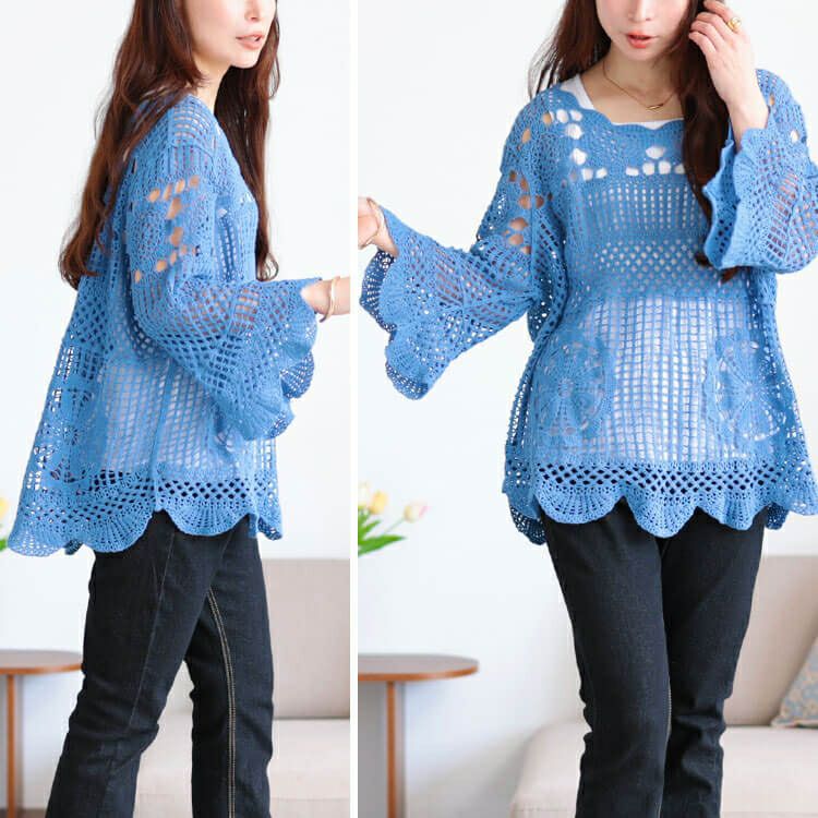 大きいサイズ レディース クロッシェ編みスカラップコットンニット　jp537 【メール便可】