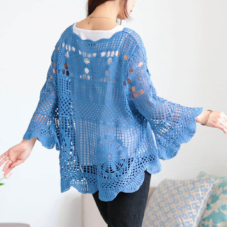 大きいサイズ レディース クロッシェ編みスカラップコットンニット　jp537 【メール便可】