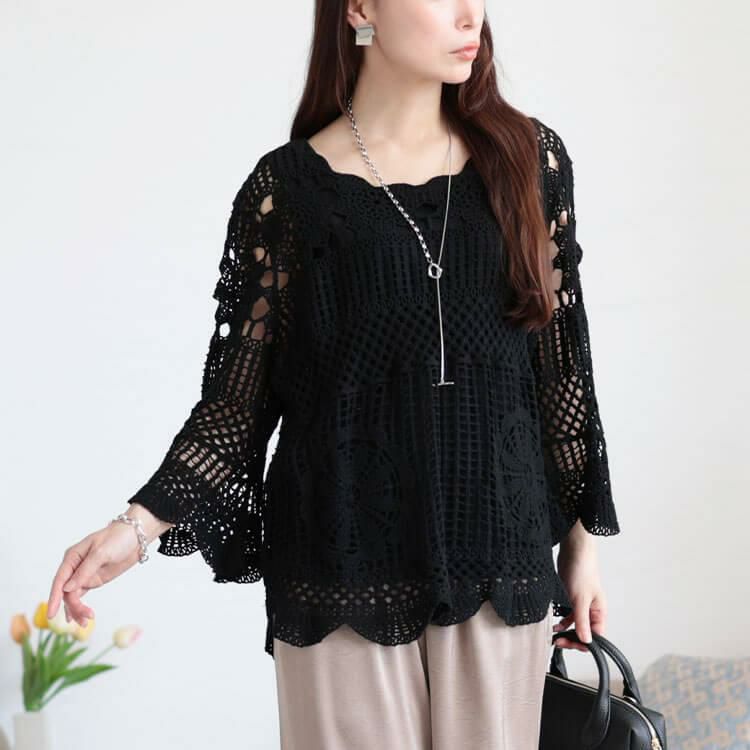 大きいサイズ レディース クロッシェ編みスカラップコットンニット　jp537 【メール便可】 ブラック