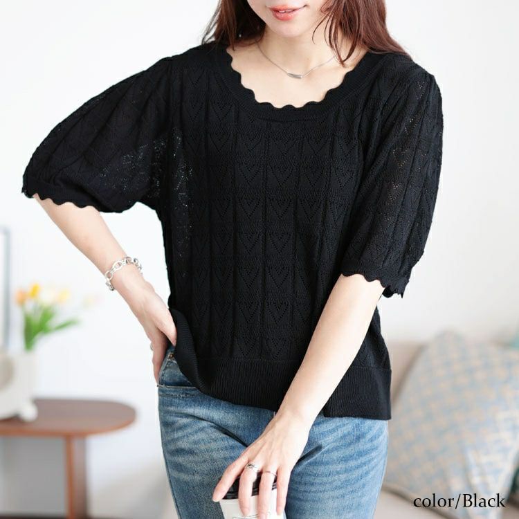 大きいサイズ レディース ハート柄透かし編みスカラップニット　sum-0002