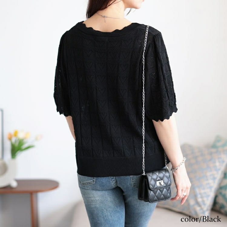 大きいサイズ レディース ハート柄透かし編みスカラップニット　sum-0002