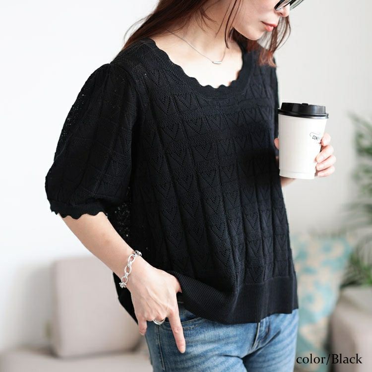 大きいサイズ レディース ハート柄透かし編みスカラップニット　sum-0002