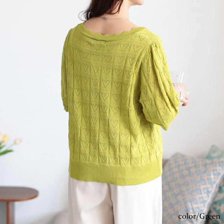 大きいサイズ レディース ハート柄透かし編みスカラップニット　sum-0002