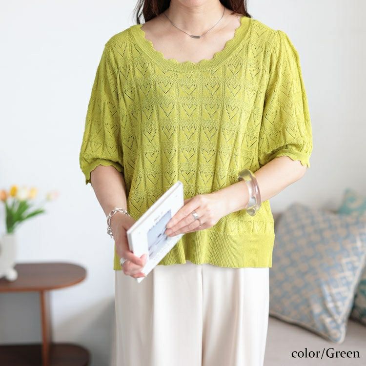 大きいサイズ レディース ハート柄透かし編みスカラップニット　sum-0002