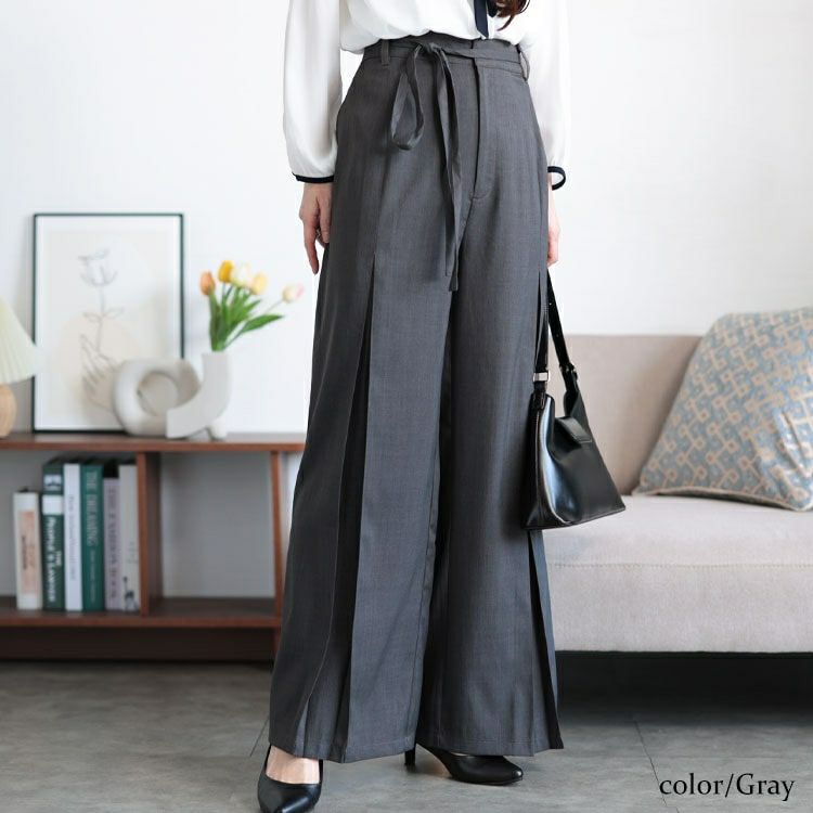 大きいサイズ レディース リボンベルトセンタータックワイドパンツ　tana-651015 【メール便可】