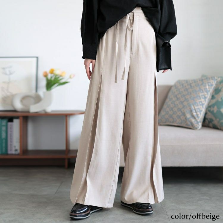 大きいサイズ レディース リボンベルトセンタータックワイドパンツ　tana-651015 【メール便可】