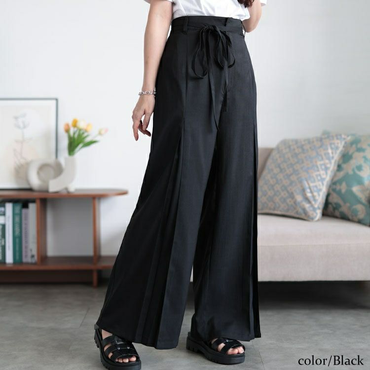 大きいサイズ レディース リボンベルトセンタータックワイドパンツ　tana-651015 【メール便可】