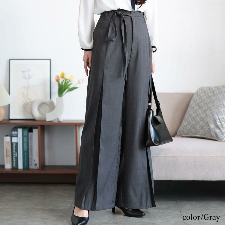 大きいサイズ レディース リボンベルトセンタータックワイドパンツ　tana-651015 【メール便可】 グレー