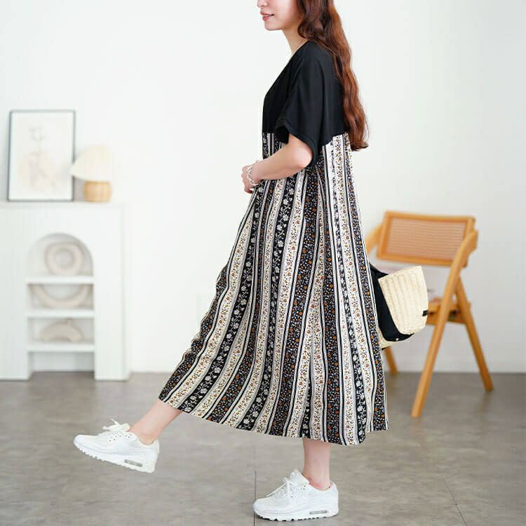 大きいサイズ レディース 小花柄切り替えワンピース　cast-5554042 【メール便可】