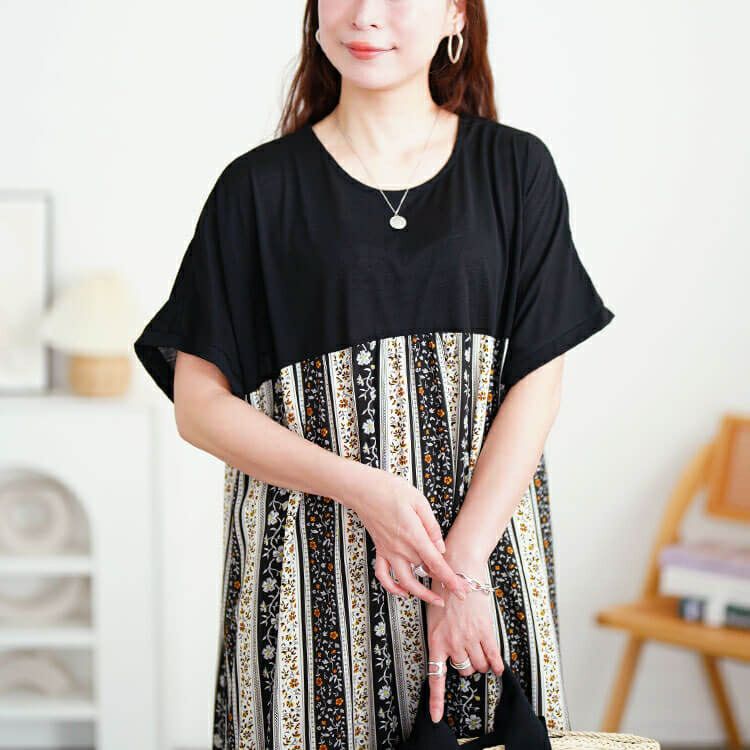 大きいサイズ レディース 小花柄切り替えワンピース　cast-5554042 【メール便可】