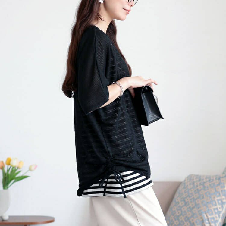 大きいサイズ レディース 透かし編みドルマンニット＆ボーダータンクトップ2点セット　cast-5554038 【メール便可】