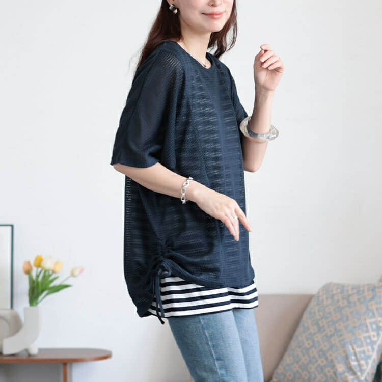 大きいサイズ レディース 透かし編みドルマンニット＆ボーダータンクトップ2点セット　cast-5554038 【メール便可】