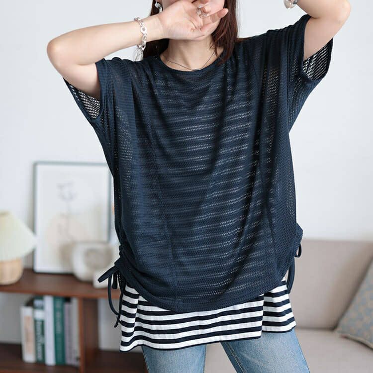 大きいサイズ レディース 透かし編みドルマンニット＆ボーダータンクトップ2点セット　cast-5554038 【メール便可】