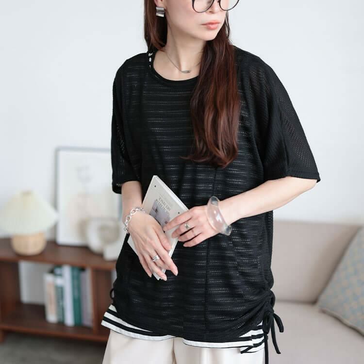 大きいサイズ レディース 透かし編みドルマンニット＆ボーダータンクトップ2点セット　cast-5554038 【メール便可】 ブラック