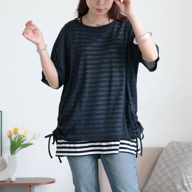 大きいサイズ レディース 透かし編みドルマンニット＆ボーダータンクトップ2点セット　cast-5554038 【メール便可】 ネイビー