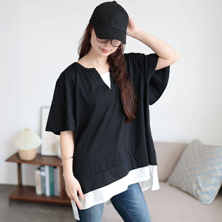 大きいサイズ レディース フレアスリーブフェイクレイヤードチュニック　bai-0183 【メール便可】