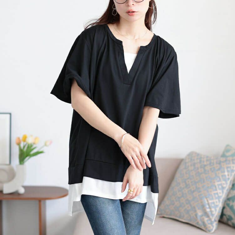 大きいサイズ レディース フレアスリーブフェイクレイヤードチュニック　bai-0183 【メール便可】