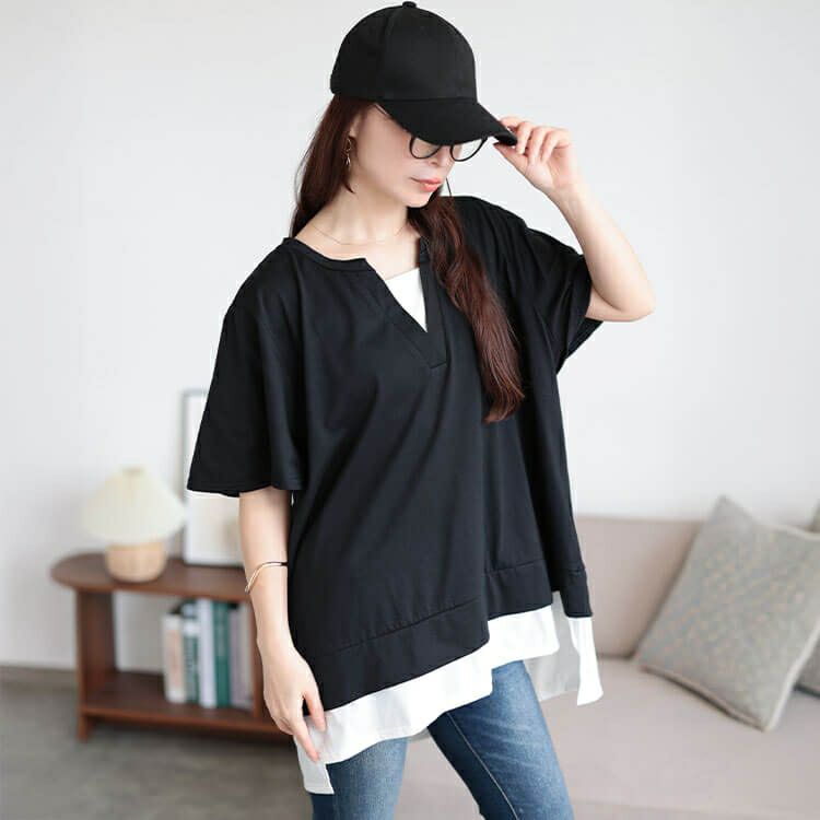 大きいサイズ レディース フレアスリーブフェイクレイヤードチュニック　bai-0183 【メール便可】