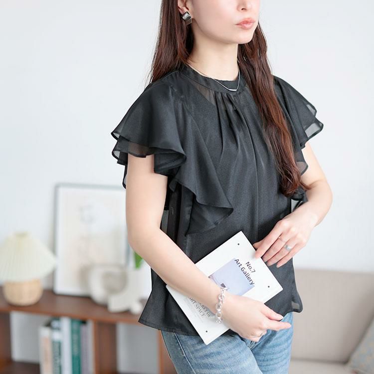 大きいサイズ レディース ダブルフリルスリーブシアーブラウス　tana-351057【メール便可】 ブラック