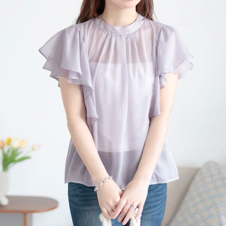 大きいサイズ レディース ダブルフリルスリーブシアーブラウス　tana-351057【メール便可】 パープル