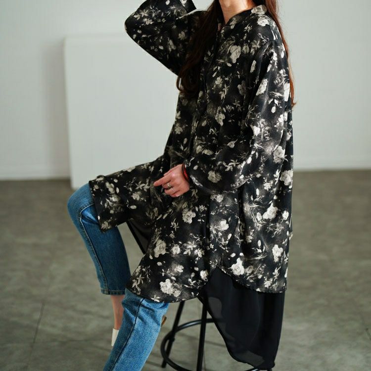 大きいサイズ レディース ぼかし花柄異素材チュニックシャツ　sum-0010【メール便可】