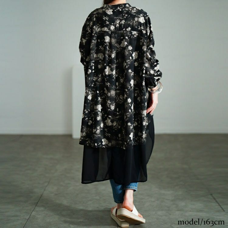 大きいサイズ レディース ぼかし花柄異素材チュニックシャツ　sum-0010【メール便可】
