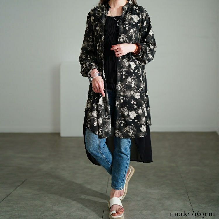大きいサイズ レディース ぼかし花柄異素材チュニックシャツ　sum-0010【メール便可】