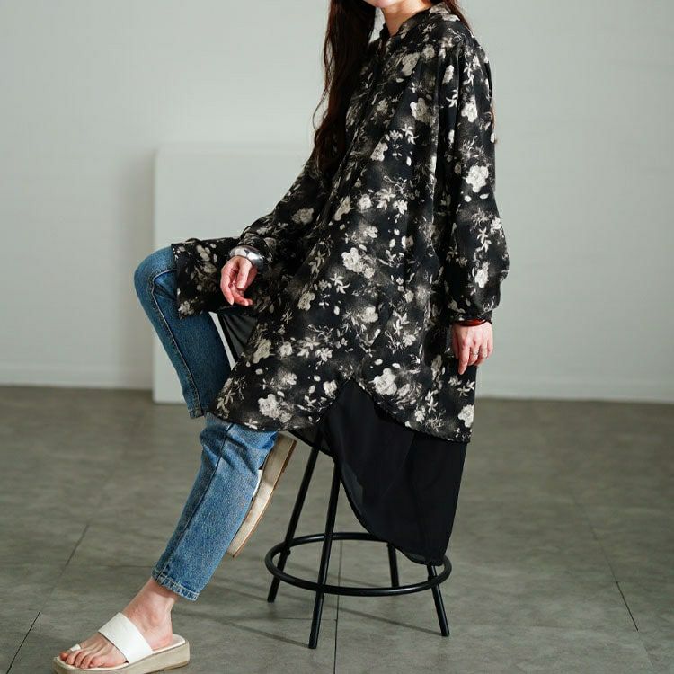 大きいサイズ レディース ぼかし花柄異素材チュニックシャツ　sum-0010【メール便可】