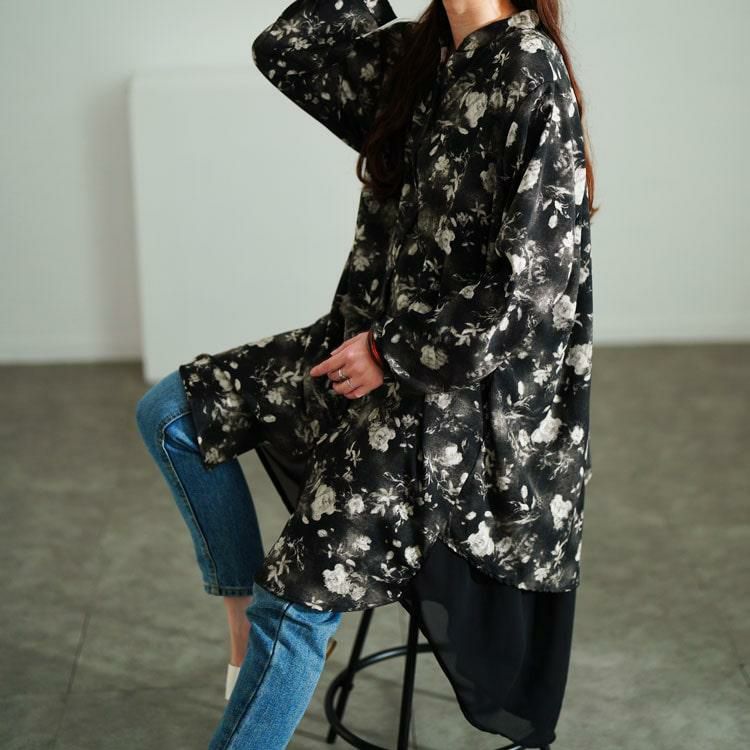 大きいサイズ レディース ぼかし花柄異素材チュニックシャツ　sum-0010【メール便可】 ブラック