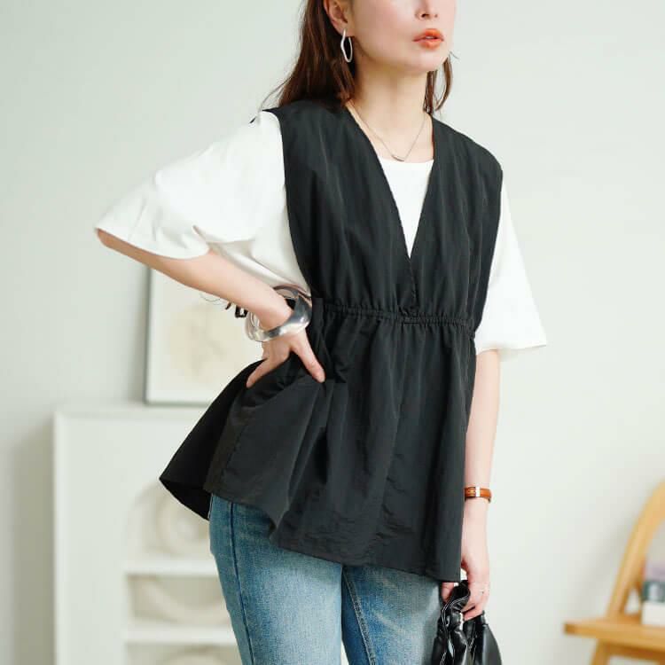 大きいサイズ レディース 撥水ナイロンペプラムベスト　cpdai-640763【メール便可】 ブラック