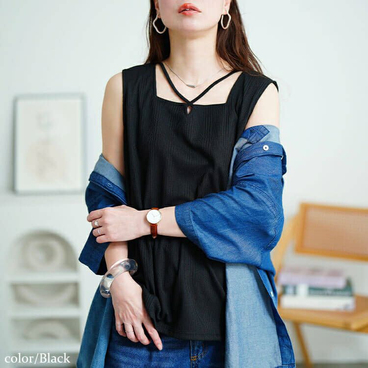 大きいサイズ レディース ホルターネックランダムリブタンクトップ　cpdai-659856【メール便可】