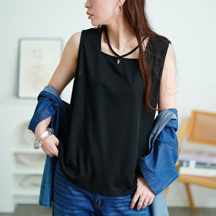 大きいサイズ レディース ホルターネックランダムリブタンクトップ　cpdai-659856【メール便可】