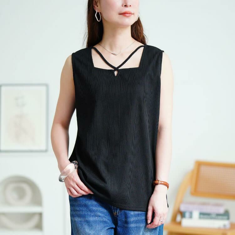 大きいサイズ レディース ホルターネックランダムリブタンクトップ　cpdai-659856【メール便可】 ブラック
