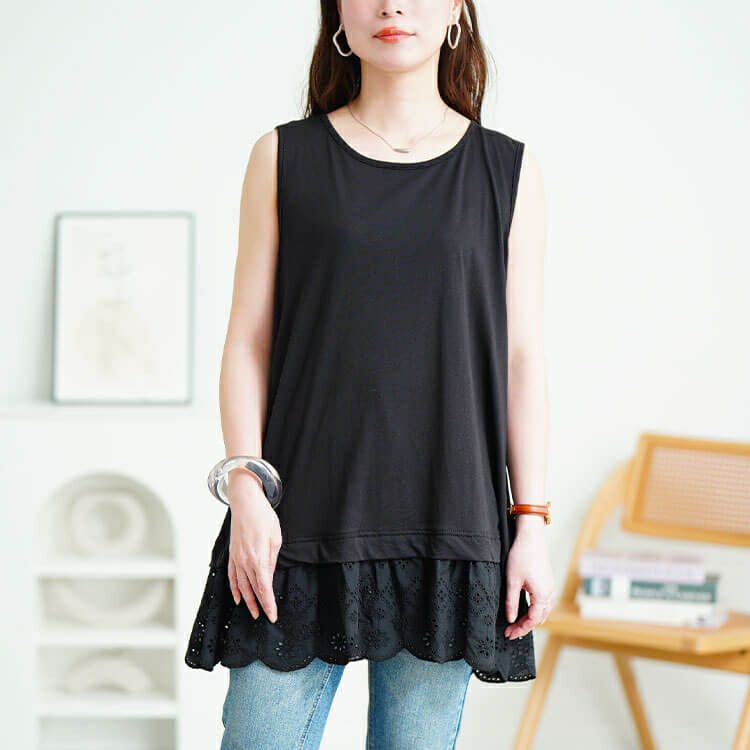 大きいサイズ レディース 接触冷感裾レースコットンタンクトップ　cpdai-659706【メール便可】
