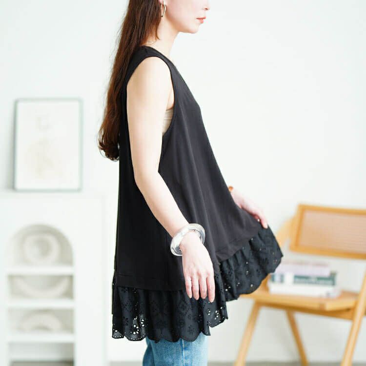 大きいサイズ レディース 接触冷感裾レースコットンタンクトップ　cpdai-659706【メール便可】