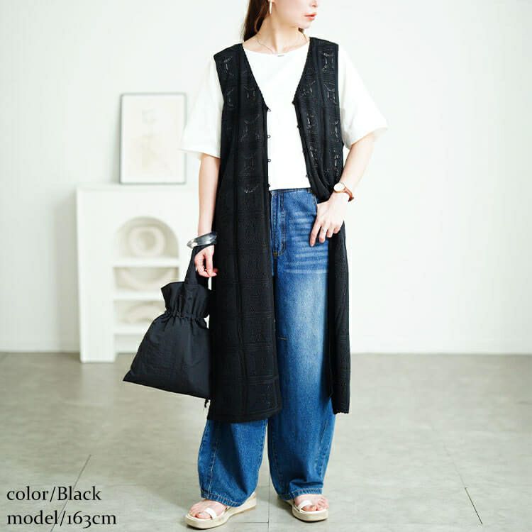 大きいサイズ レディース レース編みロングジレ　cpdai-640750