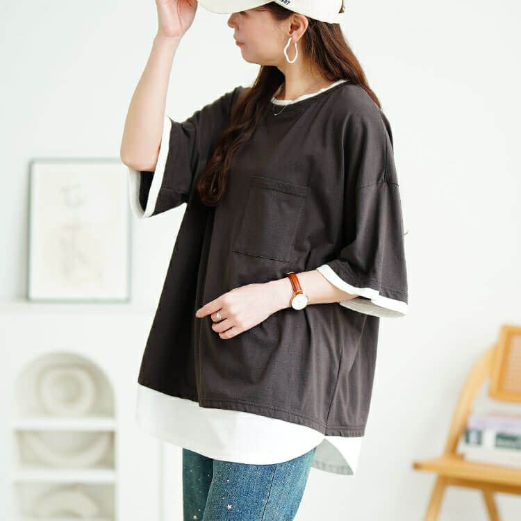 大きいサイズ レディース 接触冷感重ね着風コットンプルオーバー　cpdai-659680【メール便可】