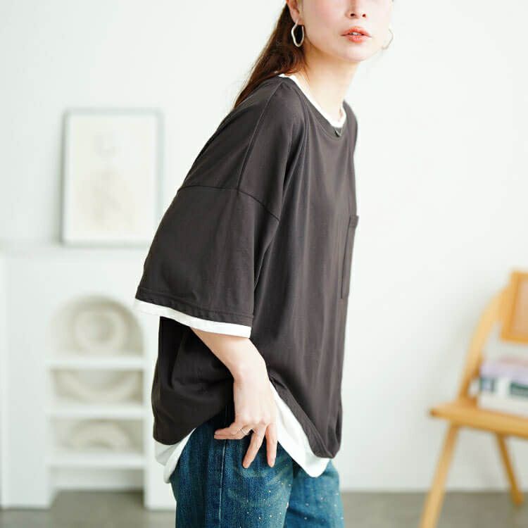 大きいサイズ レディース 接触冷感重ね着風コットンプルオーバー　cpdai-659680【メール便可】