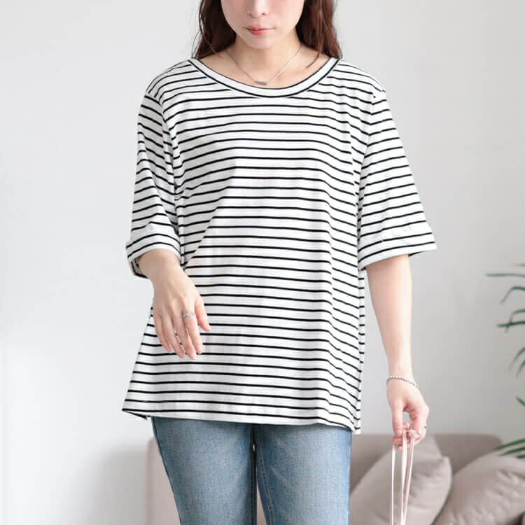 大きいサイズ レディース 接触冷感＆UVカット前後2wayボーダーTシャツ　cpdai-659851【メール便可】