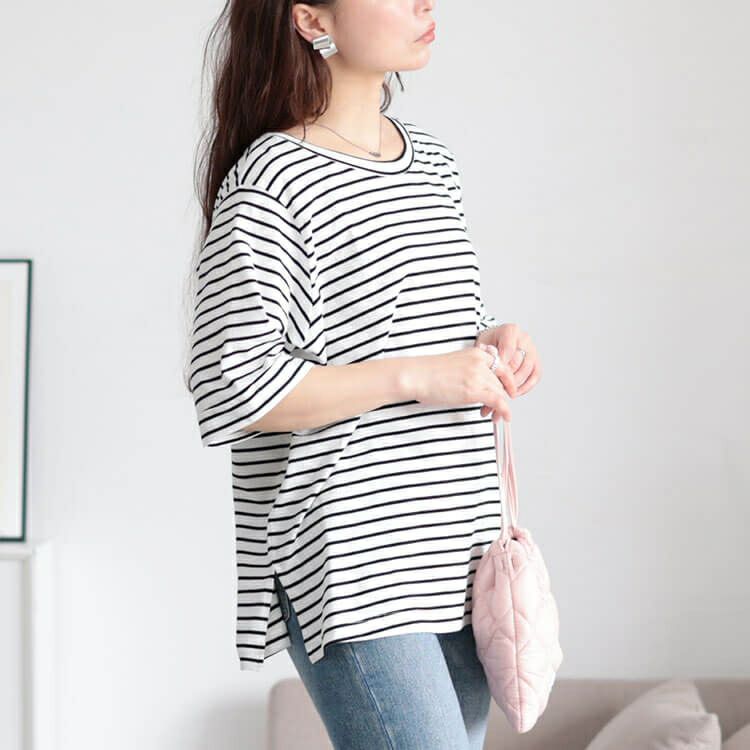 大きいサイズ レディース 接触冷感＆UVカット前後2wayボーダーTシャツ　cpdai-659851【メール便可】