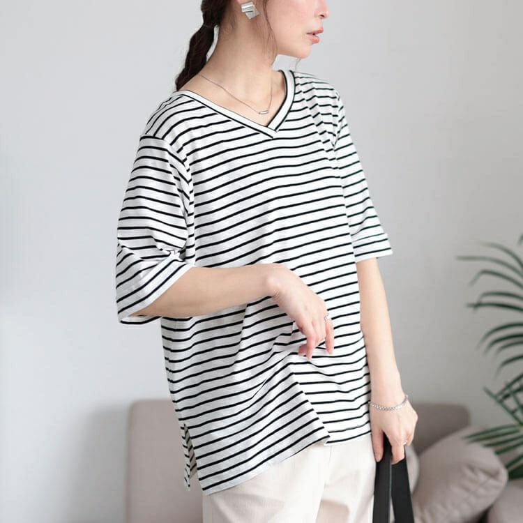 大きいサイズ レディース 接触冷感＆UVカット前後2wayボーダーTシャツ　cpdai-659851【メール便可】