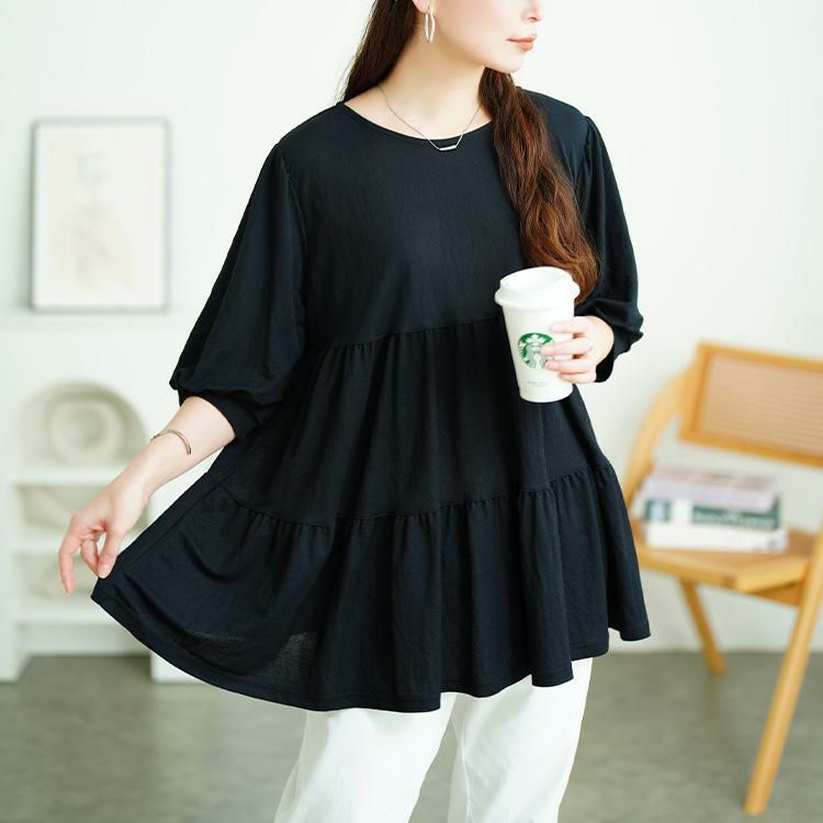 大きいサイズ レディース 接触冷感鹿の子ティアードチュニック　cpdai-659787【メール便可】 ブラック