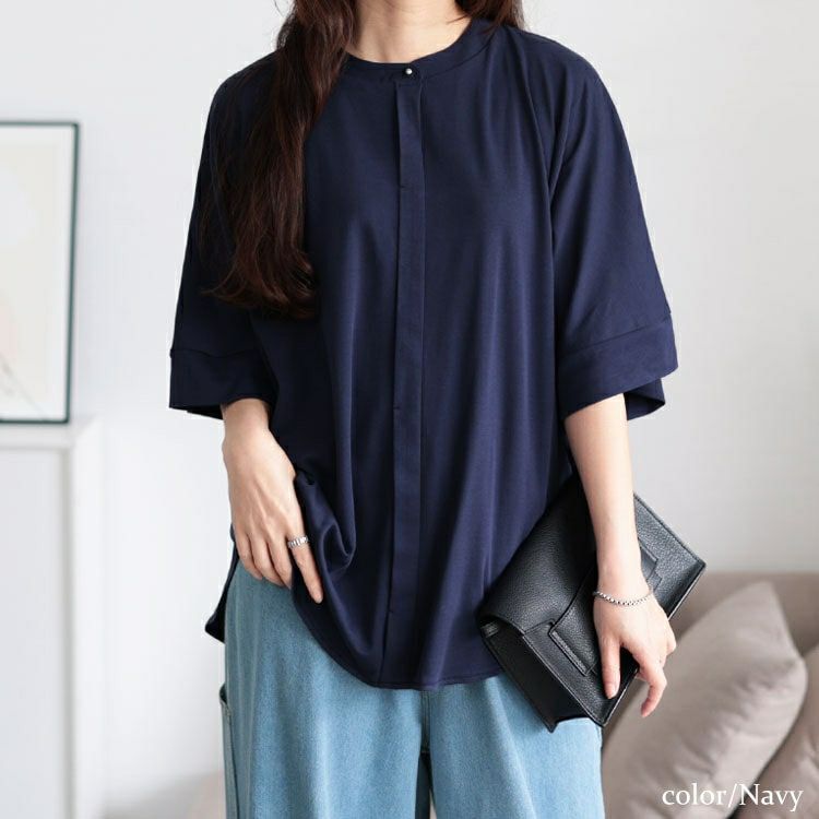 大きいサイズ レディース 接触冷感バンドカラードルマンプルオーバー　mncut-152467【メール便可】