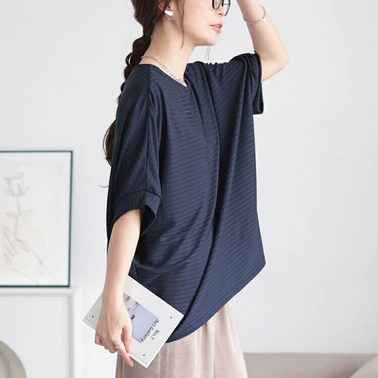 大きいサイズ レディース 接触冷感ボーダードルマンプルオーバー　mncut-152459【メール便可】