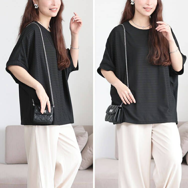 大きいサイズ レディース 接触冷感ボーダードルマンプルオーバー　mncut-152459【メール便可】