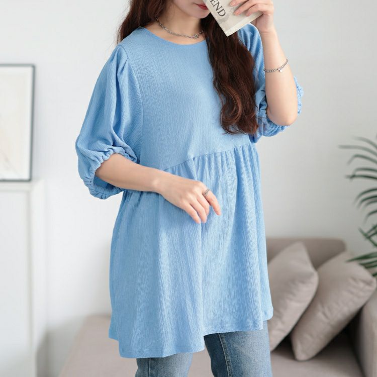 大きいサイズ レディース 楊柳パフスリーブペプラムチュニック　mncut-152316
